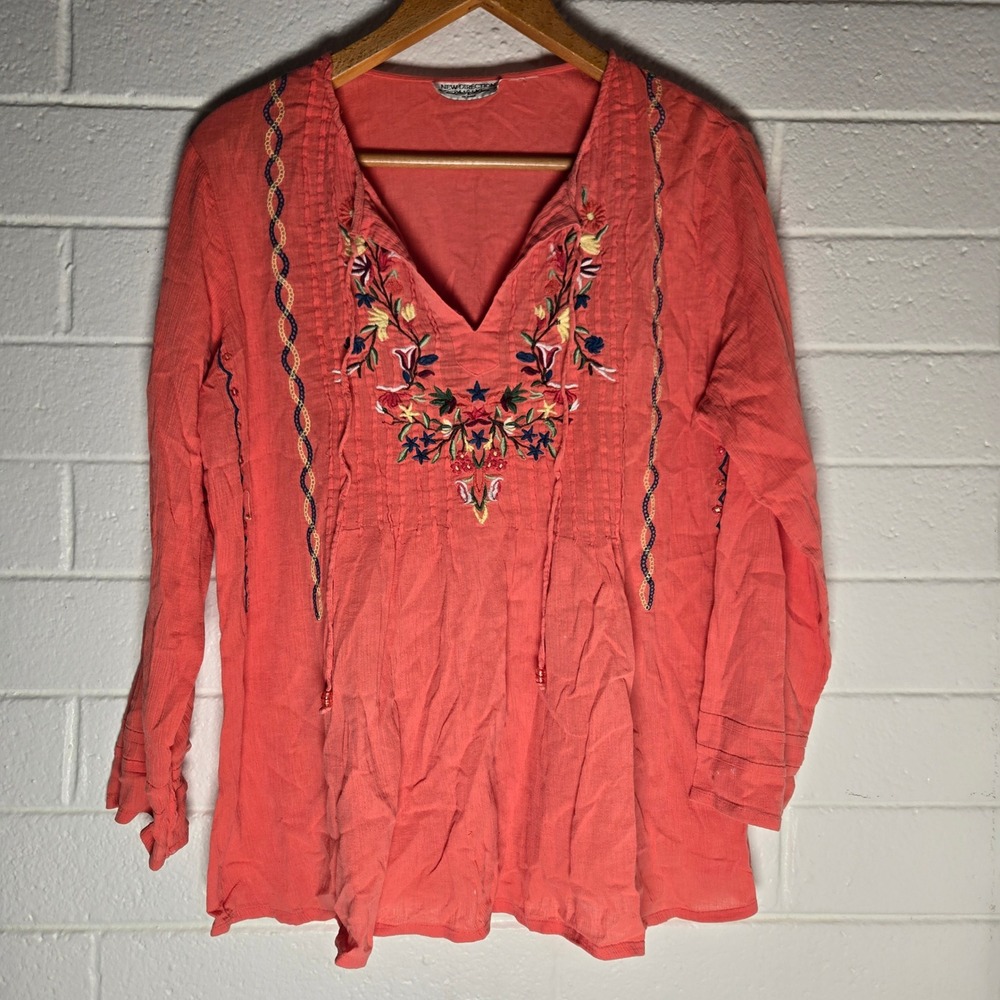 Vintage Woman Peasant Top Coral Embroidered Gauze Tunic Oversize Large Bohemian